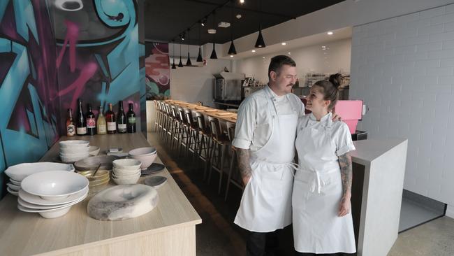 Chefs Tim and Sarah Scott chose a shopfront burrowed in at the very end of Bakery Lane in Brisbane’s Fortitude Valley for their first restaurant. Picture: Mark Cranitch.