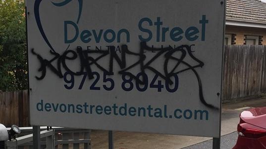 Taggers attacked businesses and homes including a dentist in Devon St, Croydon. Picture: Supplied.