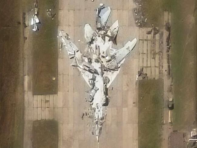 One of the destroyed Russian aircraft, at Belaya Airbase, as captured by satellite imagery. Picture: Maxar Technologies/AFP