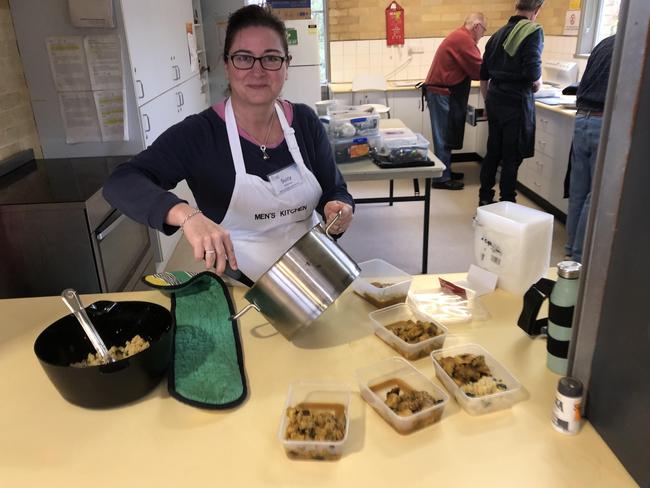 Volunteer instructor Suzy Shallvey during a Men's Kitchen Northern Beaches cooking skills session at the Forestville Community Hall. Picture: Jim O'Rourke