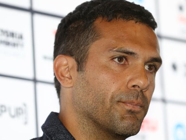 MELBOURNE, AUSTRALIA - APRIL 19: Nikolai Topor-Stanley of Western United speaks to media and team mates as he announces his retirement during a Western United A-League player announcement at The Hangar on April 19, 2023 in Melbourne, Australia. (Photo by Robert Cianflone/Getty Images)