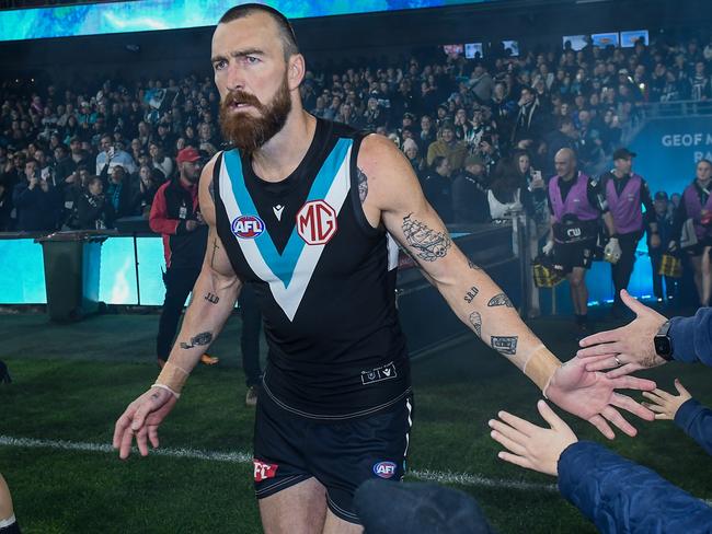 ADELAIDE, AUSTRALIA - AUGUST 03:  Charlie Dixon of the Power   follows his team out during the round 21 AFL match between Port Adelaide Power and Sydney Swans at Adelaide Oval, on August 03, 2024, in Adelaide, Australia. (Photo by Mark Brake/Getty Images)