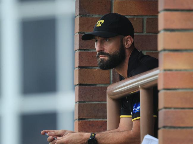 GOLD COAST , AUSTRALIA - April 17, 2021: Labrador Head Coach Nick Malceski in action during the QAFL Round 3 clash between Labrador and Redland-Victoria Point from Cooke-Murphy Oval. Picture: Scott Powick NEWSCORP