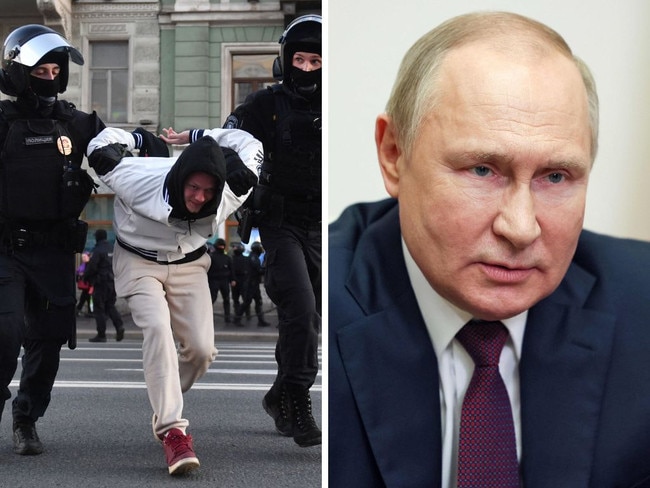 A protester being detained and Vladimir Putin. Pictures: AFP