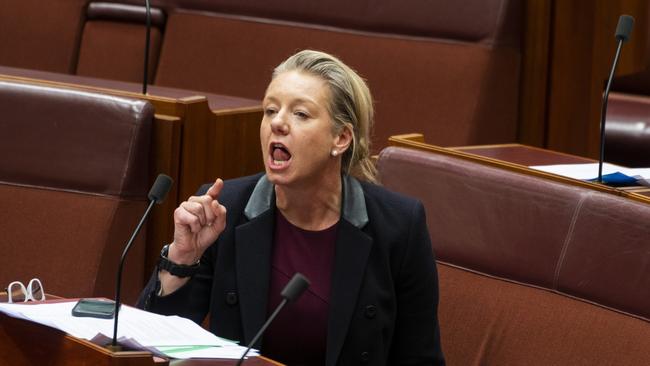 Nationals Senator Bridget McKenzie shouting back as Labor Senator Penny Wong speaks in the Senate. Picture: Martin Ollman