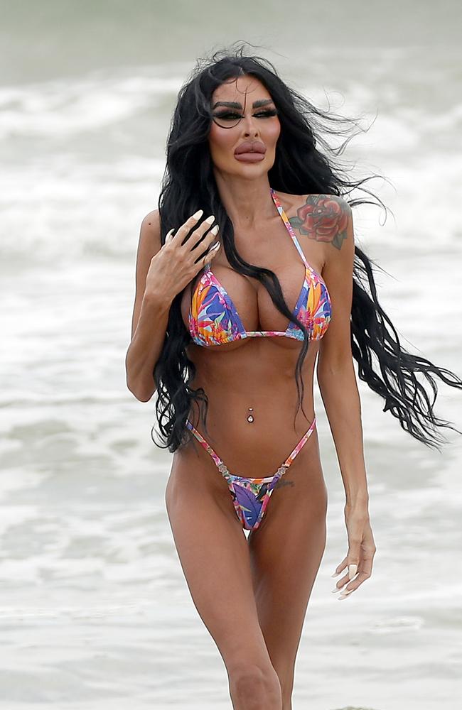 Plastic surgery queen Tara Jayne McConachy hit the beach in Port Melbourne recently. Picture: Media Mode