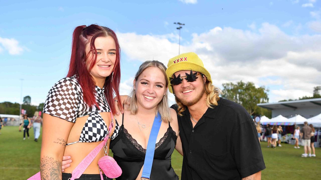 Issy Adams, Olivia Jemmett and Osaac Stearn at Groovin the Moo, Sunshine Coast 2023. Picture: Patrick Woods.