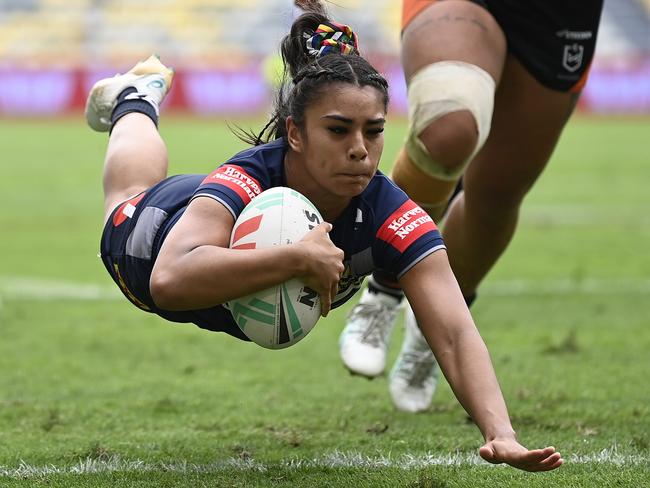 TOWNSVILLE, AUSTRALIA - SEPTEMBER 07: Jasmine Peters of the Cowboys scores a try during the round seven NRLW match between North Queensland Cowboys and Wests Tigers at Queensland Country Bank Stadium on September 07, 2024 in Townsville, Australia. (Photo by Ian Hitchcock/Getty Images)