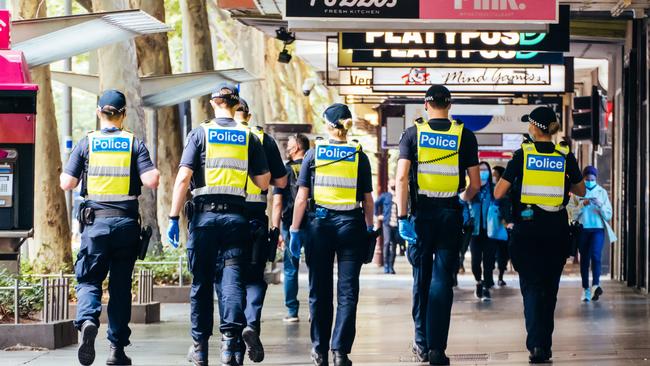 Police patrol the streets of Melbourne at the start of a 'circuit breaker' lockdown imposed suddenly by the Victorian Government. Picture: Chris Putnam/Future Publishing via Getty Images.