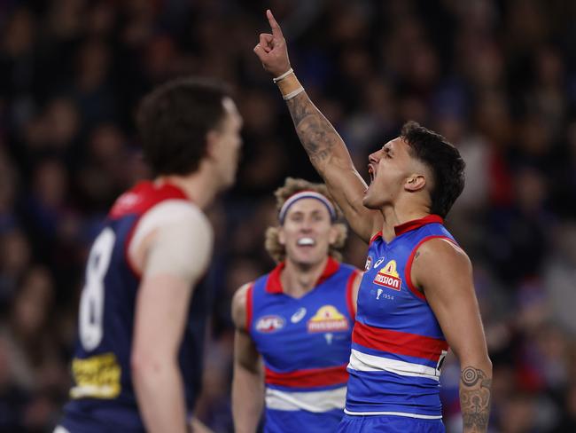 Jamarra Ugle-Hagan celebrates a goal against the Demons on Friday night. Picture: Darrian Traynor/Getty Images