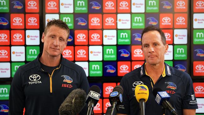 Adelaide Crows football manager Brett Burton and Adelaide Crows senior coach Don Pyke speak to the media. Picture: Daniel Kalisz/Getty