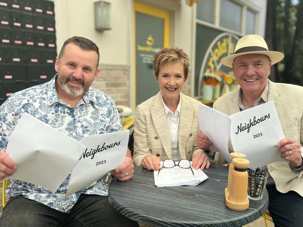 Neighbours stars Ryan Moloney, Jackie Woodburne and Alan Fletcher. Picture: Instagram/Alan Fletcher