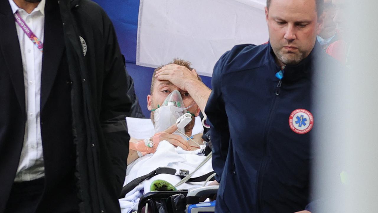 Denmark's Christian Eriksen after collapsing on the pitch.