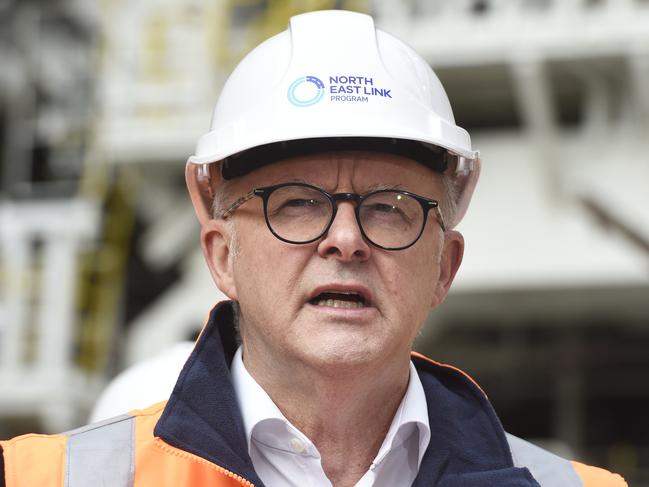 MELBOURNE, AUSTRALIA - NewsWire Photos May 09, 2024: Prime Minister Anthony Albanese speaks to the media while on a visit to the North East Link construction site at Watsonia. Picture: NCA NewsWire / Andrew Henshaw