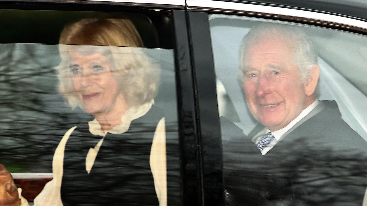 Camilla and Charles leave Clarence House in London on Tuesday after Harry met with his father. Picture: HENRY NICHOLLS / AFP