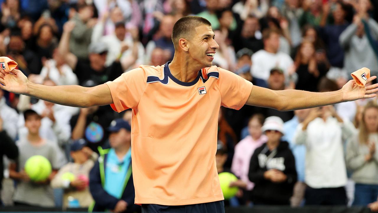 Alexei Popyrin ignites the huge crowd as he celebrates his win against Taylor Fritz. Picture: Mark Stewart