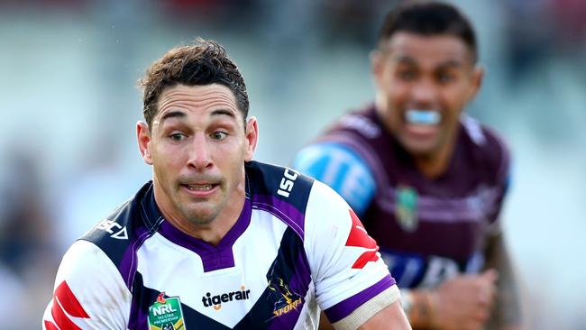 Storm's Billy Slater makes a break during the round 7 NRL game between the Manly Sea Eagles and the Melbourne Storm at Lottoland, Brookvale. Picture: Gregg Porteous