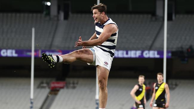 Tom Hawkins has moved to third in the Coleman Medal after kicking four goals in Geelong’s 38-point win over Richmond at the MCG on Sunday. Pic: Michael Klein