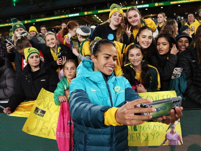 SYDNEY, AUSTRALIA - JUNE 03:  Mary Fowler of Australia interacts with fans after the international friendly match between Australia Matildas and China PR at Accor Stadium on June 03, 2024 in Sydney, Australia. (Photo by Matt King/Getty Images)