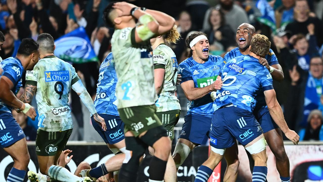 Blake Gibson of the Blues celebrates after scoring the matchwinning try. Photo: Getty Images