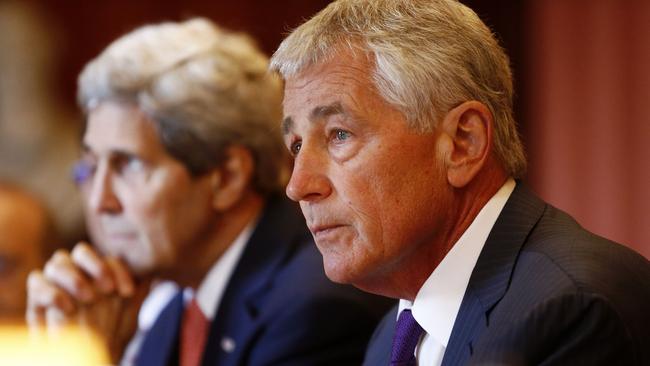 Former US Defense secretary Chuck Hagel and former Secretary of State John Kerry during a trip to Sydney for the annual Australia-United States Ministerial Consultations in Sydney. Picture: Tim Hunter