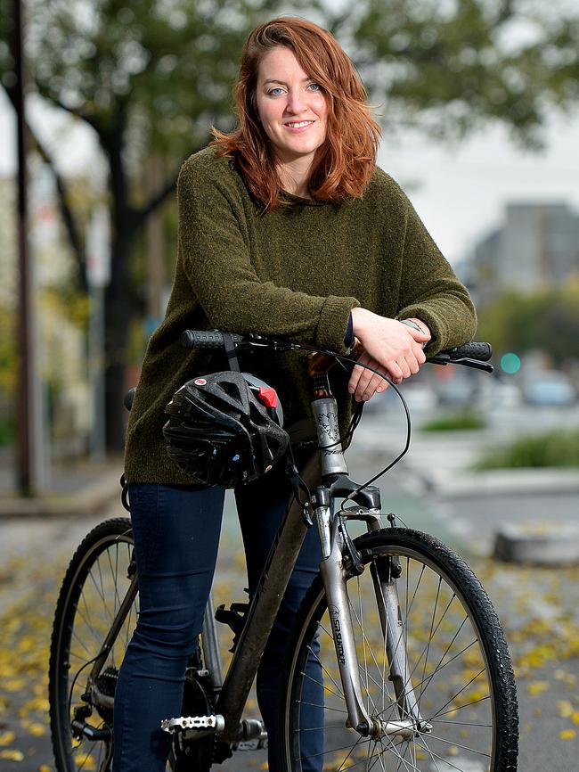 Wayville resident and keen cyclist Caroline Herman at the start of the Frome Rd bikeway. The bikeway has again been the focus of council debate. Picture: Bianca De Marchi