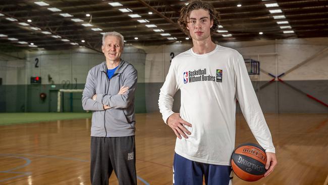 Josh Giddey with Andrew Gaze at Jump Central, Moorabbin. Picture: Tim Carrafa