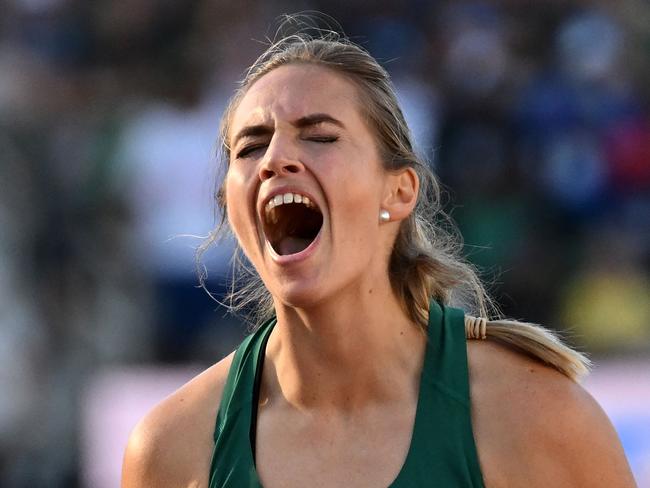 Australia's Kelsey-Lee Barber reacts as she competes in the women's javelin throw finals during the World Athletics Championships at Hayward Field in Eugene, Oregon on July 22, 2022. (Photo by ANDREJ ISAKOVIC / AFP)