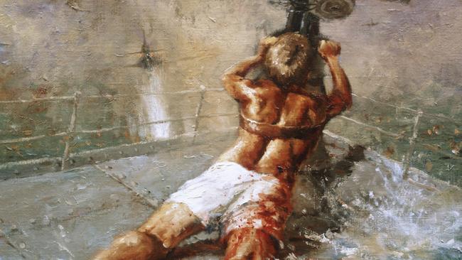 Dale Marsh's painting of Teddy Sheean, who lashed himself to his gun and fired until the HMAS Armadale sank. Picture: AUSTRALIAN WAR MEMORIAL