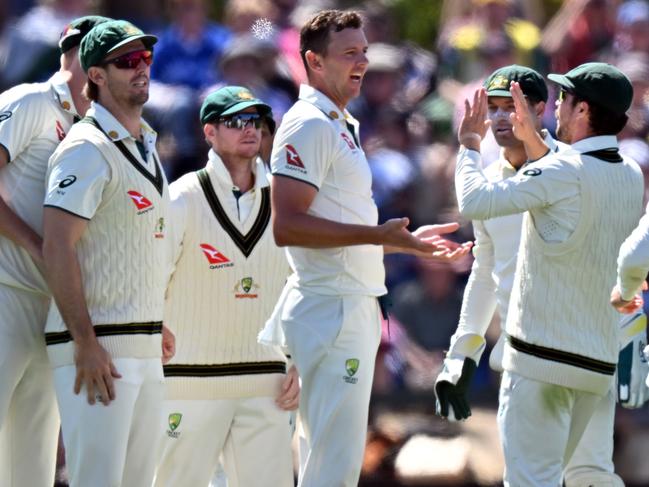 Australia’s bowlers, led by Josh Hazlewood, have the tourists in front in New Zealand. Picture: Getty Images