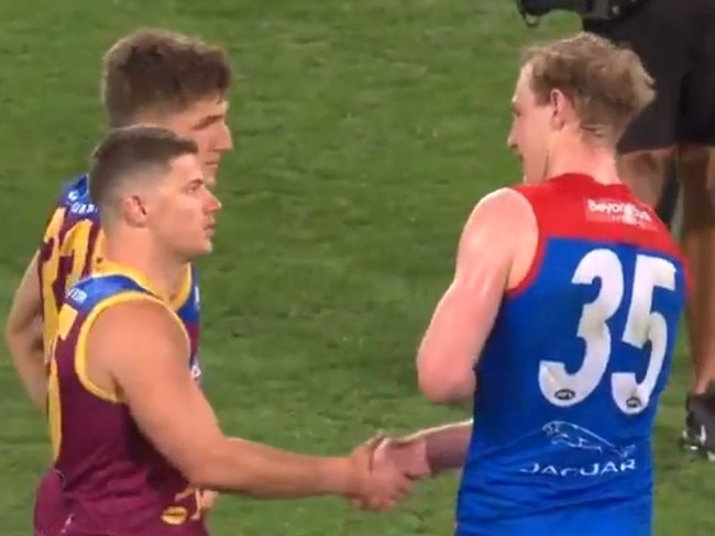 Harrison Petty seen upset after he was sledged by Lions  Dayne Zorko . Screen grabs Channel 7