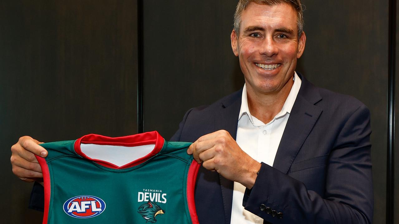 Matthew Richardson poses with The Tasmania Devils inaugural jumper. (Photo by Michael Willson/AFL Photos via Getty Images)