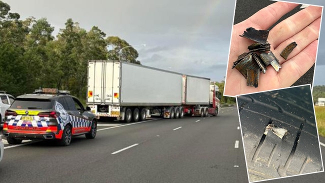 There's chaos on the M1 after a truck lost its load of scrap metal, and cars had their tyres shredded by the fragments. Pictures: News Corp/Supplied