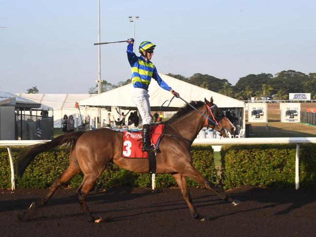 Jarrod Todd rides Playoffs over the finish line to win the Darwin Cup 2022. Picture: (A)manda Parkinson