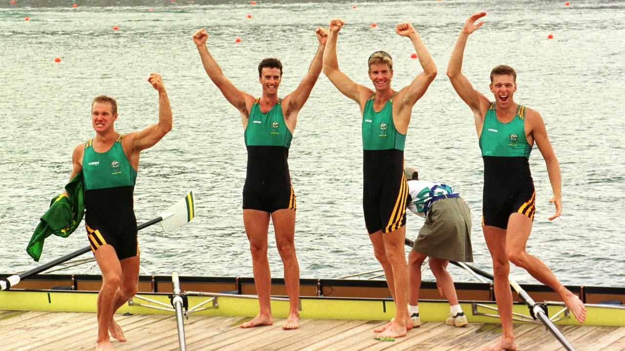 GREAT MEMORIES: The Oarsome Foursome (left to right) – Michael McKay, Nick Green, James Tomkins and Drew Ginn win gold in the coxless fours at the 1996 Atlanta Olympics.