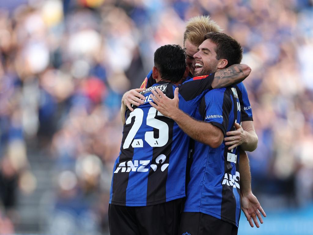 Guillermo May celebrates a goal with his Auckland FC teammates. Picture: Getty Images