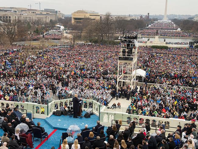 President Donald Trump addresses the crowd after being sworn in as the 45th President of the United States in 2017. Picture: Tom Williams/CQ Roll Call/Getty Images