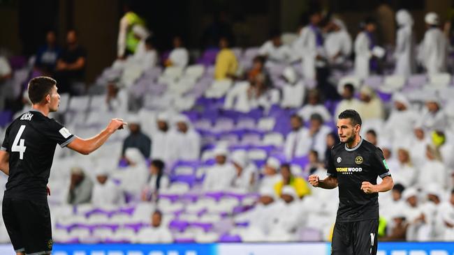 New Zealand‘s Team Wellington's midfielder Mario Barcia (R) celebrates after scoring during the opening match of the FIFA Club World Cup 2018 football tournament against UAE's Al-Ain. Barcia has signed with Bentleigh Greens this season. (Photo by Giuseppe CACACE / AFP)