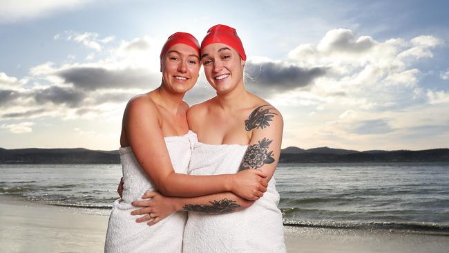 Dark Mofo 2023. Preview to the Nude Solstice Swim. Sisters Erin Luttrell of Launceston and Claire Ryan of Hobart who will take part in the swim together for the 4th year in a row. Picture: Nikki Davis-Jones