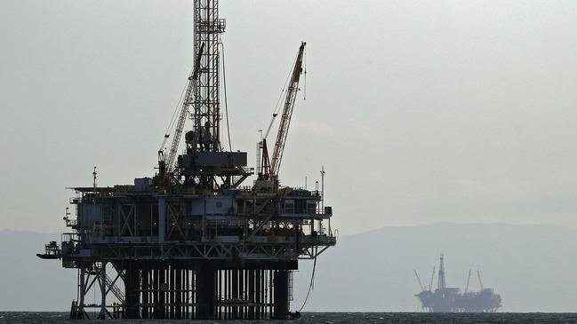 Oil platforms off California. US oil prices have taken another dive. Picture: AFP