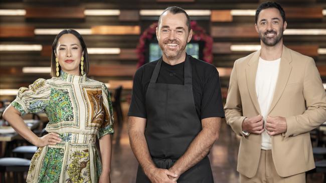 Shannon Bennett with Melissa Leong and Andy Allen on the set of MasterChef. Picture: Supplied