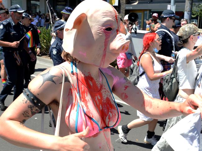 A small group of protesters clash with police who were marching in the Midsumma Pride Parade along Fitzroy Street St Kilda. Picture: Andrew Henshaw