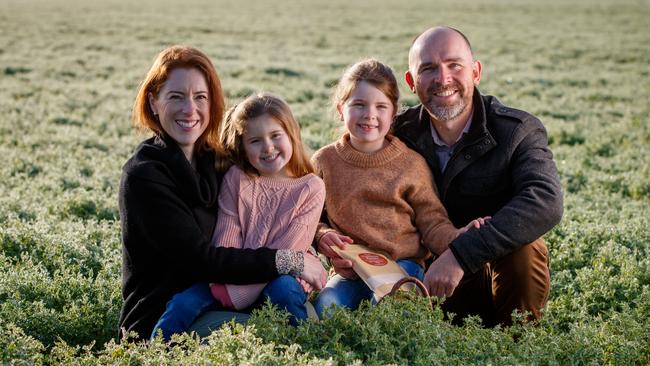 The Pinnaroo Farmer founder Phillipa Lawson with her husband, Skeet, and their daughters Annabelle, 5, and Georgia, 7. Picture: Matt Turner