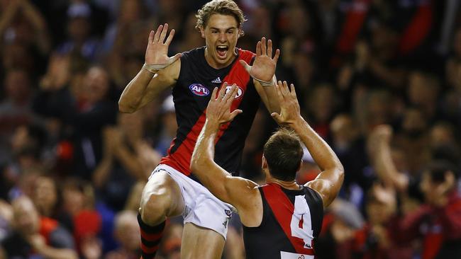 Joe Daniher and Jobe Watson celebrate a goal. Picture: Michael Klein