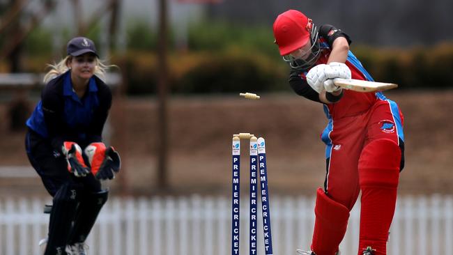 Southern District batter Cara Allen is clean bowled in her side’s A-grade women’s grand final loss to Sturt at Karen Rolton Oval on Sunday. Picture: AAP/Dean Martin