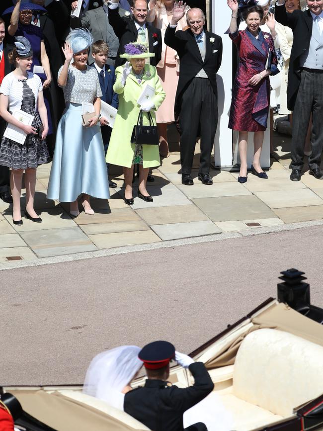 The Queen and co. farewells the new Duke and Duchess of Sussex. Picture: AP