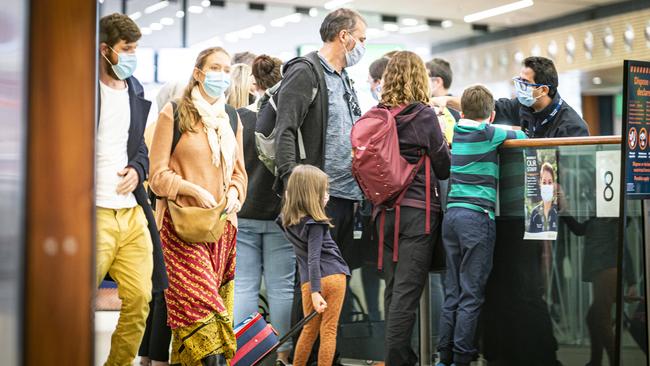 Arrivals into Hobart Airport going through COVID screening procedures with Biosecurity Tasmania. Picture: MATHEW FARRELL