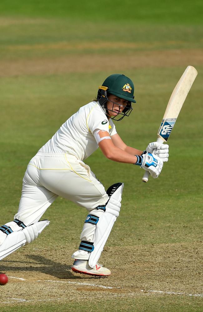 Dandenong star Sophie Molineux at the crease during her Test debut.