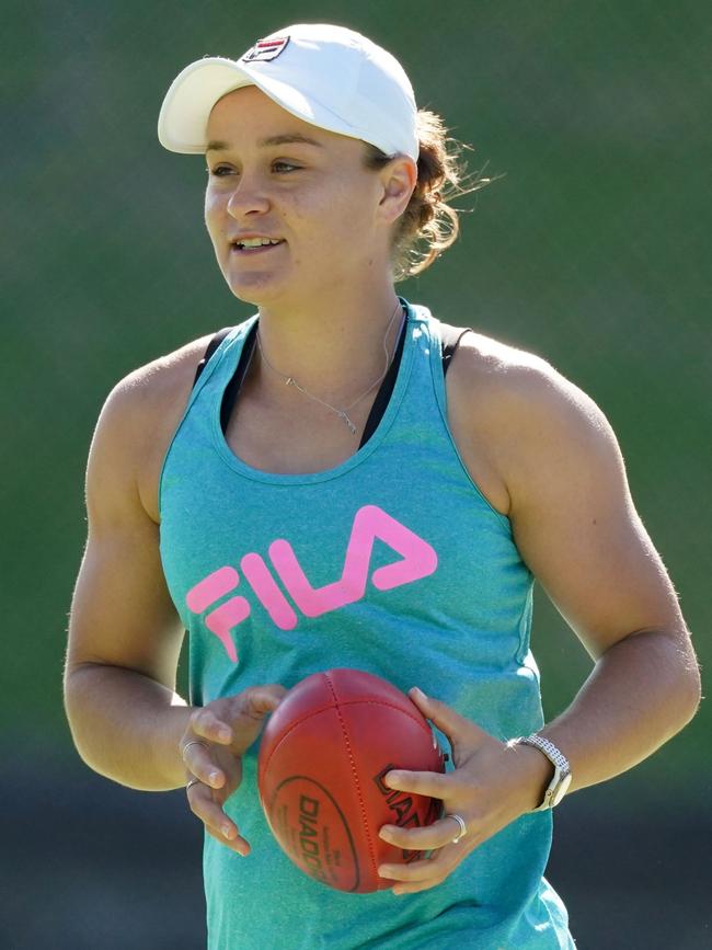 Pictures from a training session at Xavier College show Barty looking more toned in the arms and shoulders. Picture: Scott Barbour