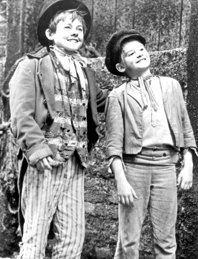 Actors Jack Wild and Mark Lester on set of Oliver! in 1968.